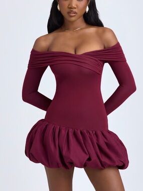 Burgundy Off-Shoulder Bubble Hem Dress
